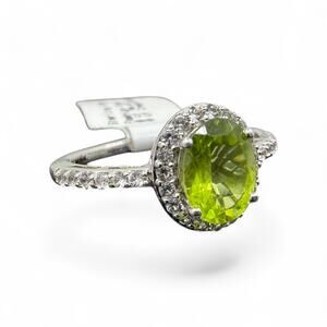 Natural Green Peridot Created Sapphire Halo Ring 925 Sterling Silver Size 6.75